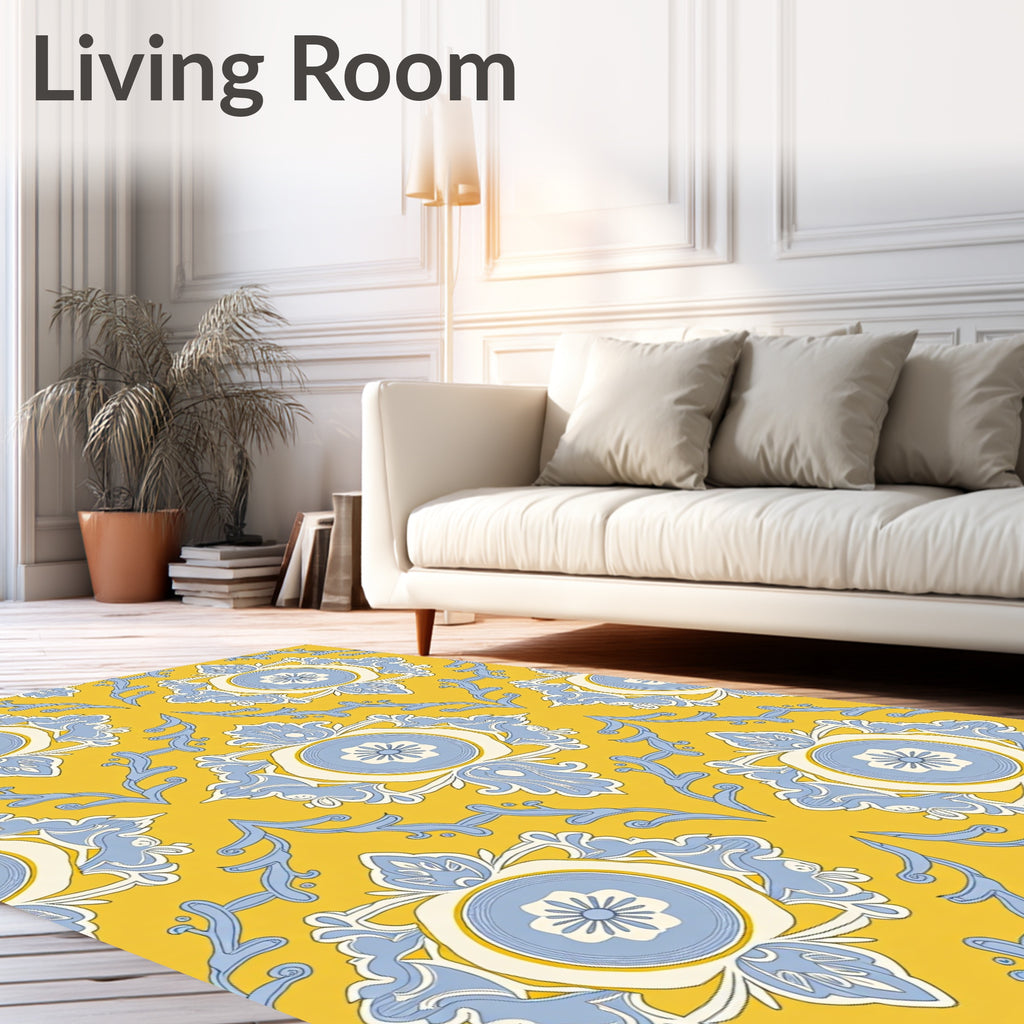 Yellow Blue Floral Medallion Pattern Rug