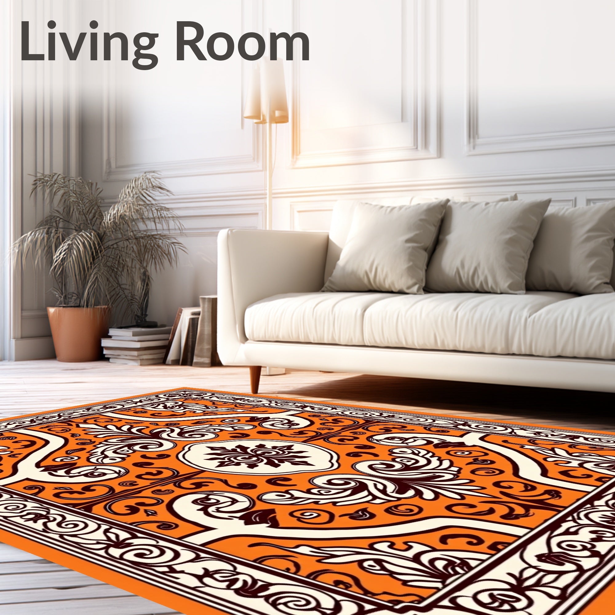Orange Cream Symmetric Floral Pattern Rug