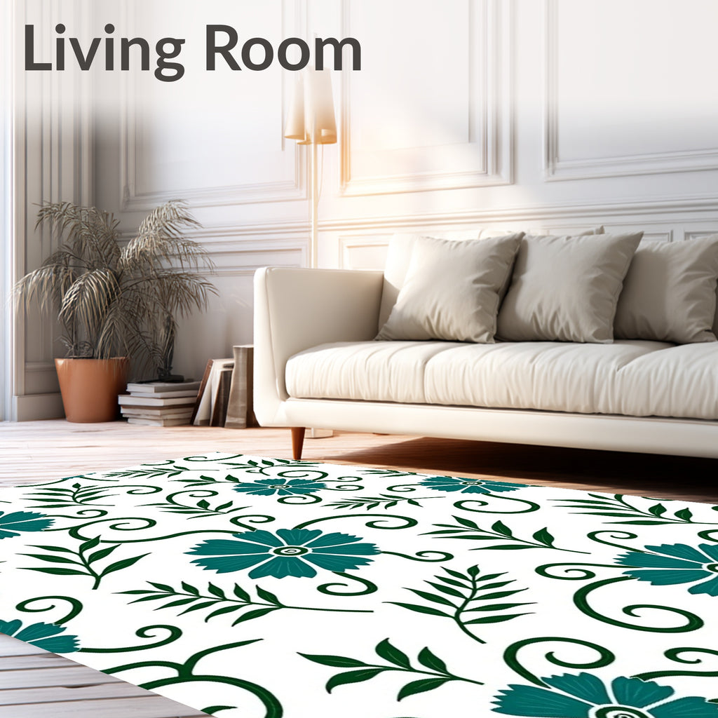 Teal Floral Vine Swirl Pattern Rug