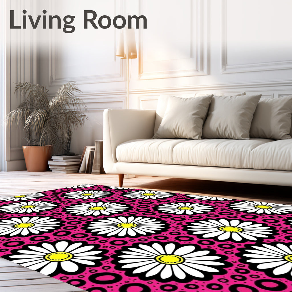 Daisies And Pink Circles Pattern Rug