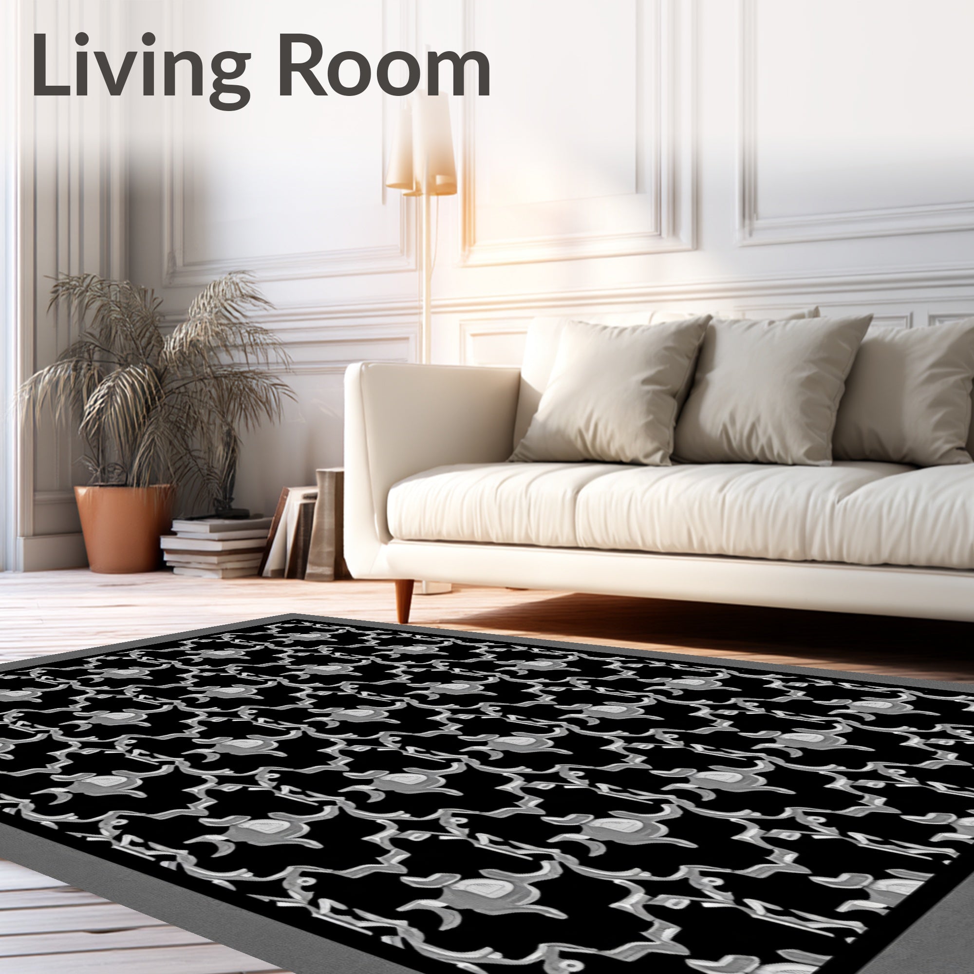 Intricate Black White Floral Pattern Rug