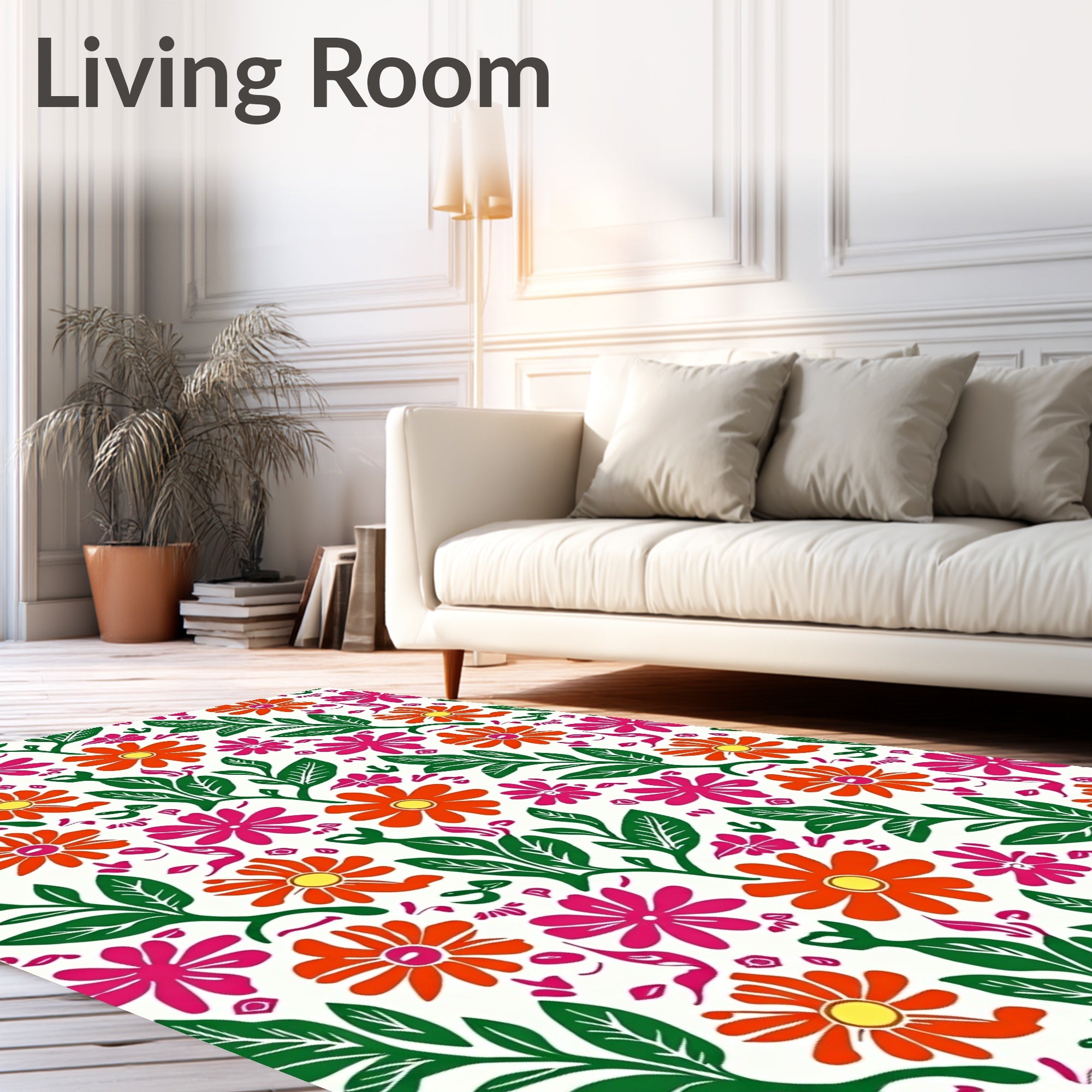 Vibrant Orange Pink Floral Pattern Rug