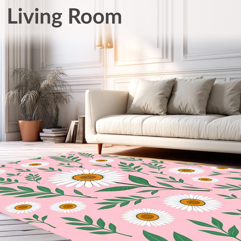 Pink Daisy Pattern With Green Foliage Rug