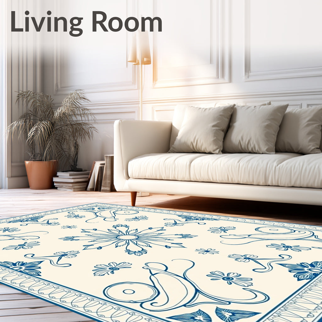 Classic Blue Cream Floral Scroll Rug