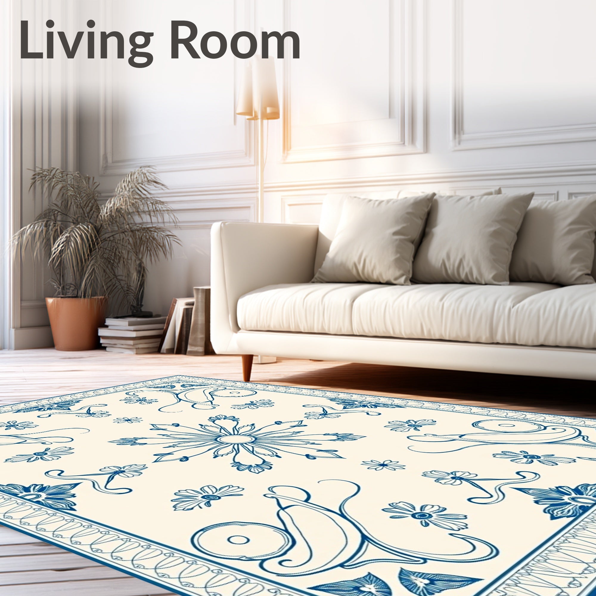 Classic Blue Cream Floral Scroll Rug