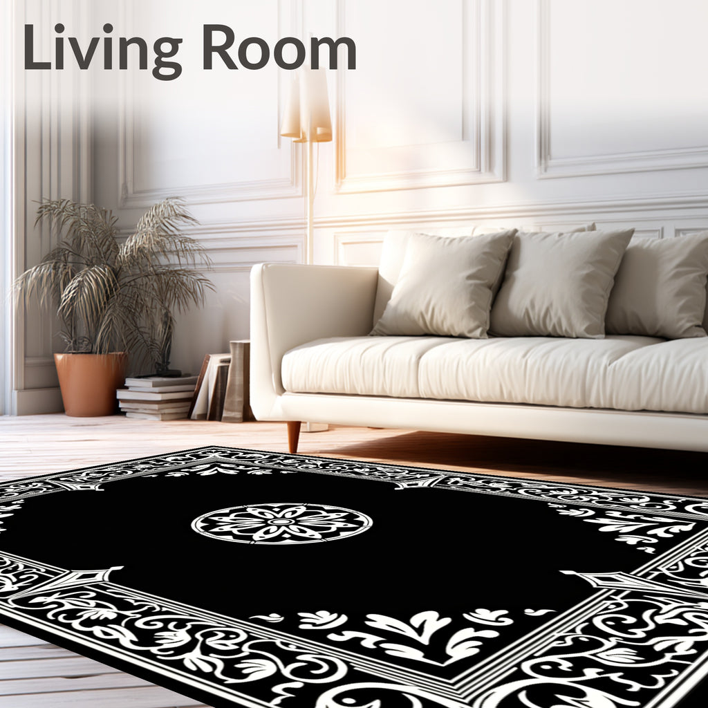 Ornate Floral Border Geometric Design Rug