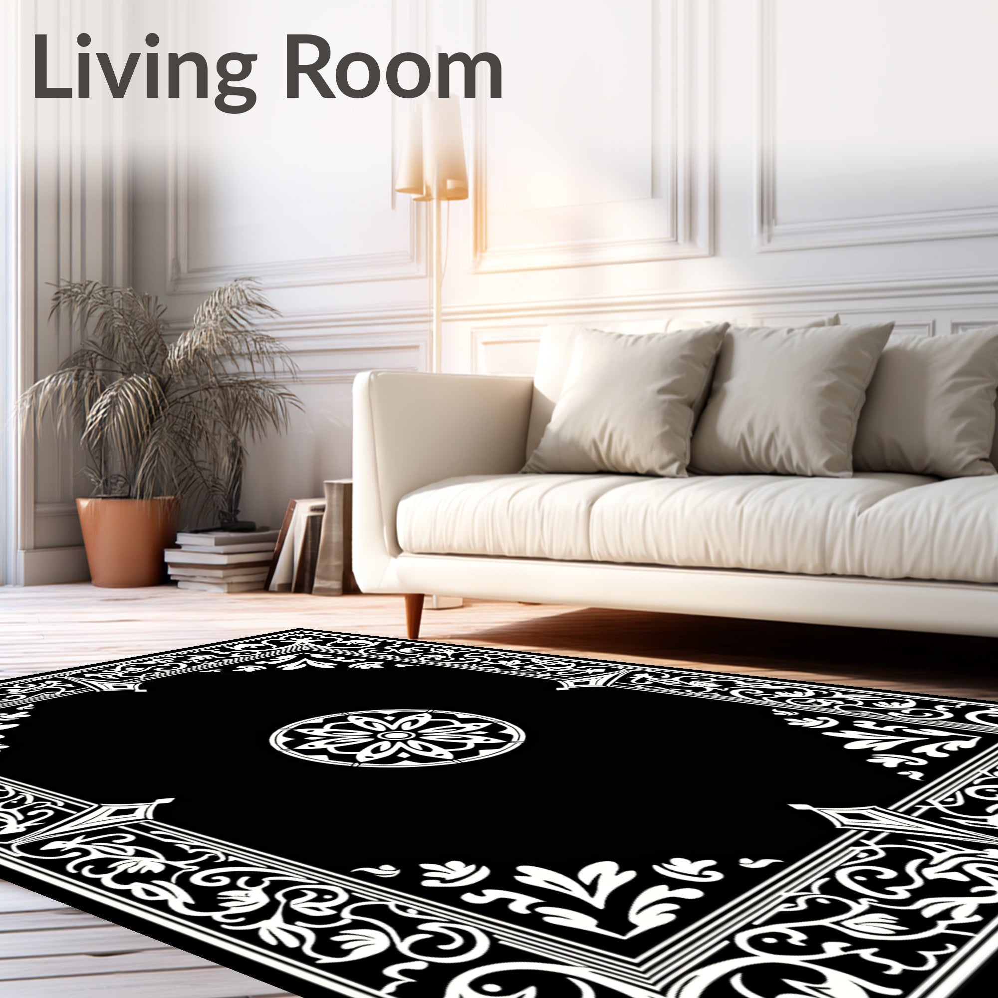 Ornate Floral Border Geometric Design Rug