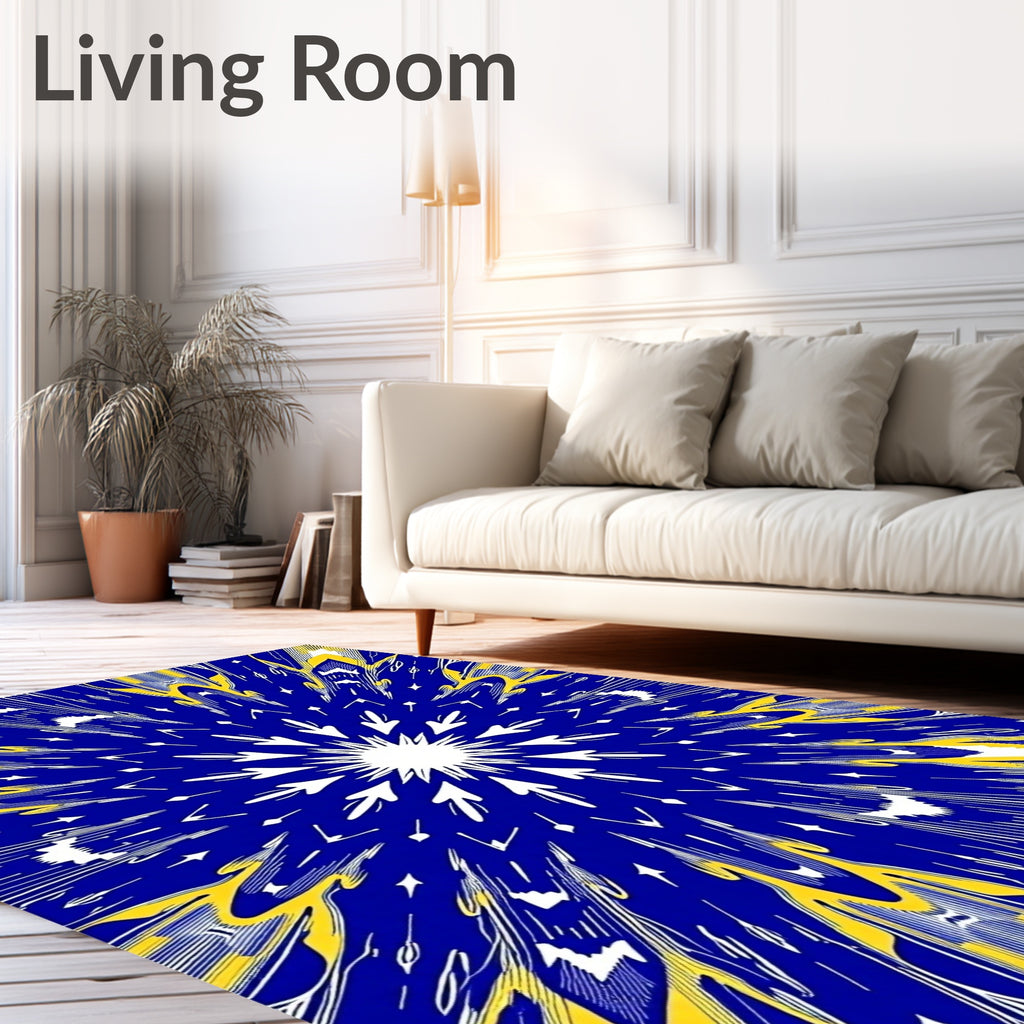 Radiant Sunburst Pattern Blue Yellow Rug