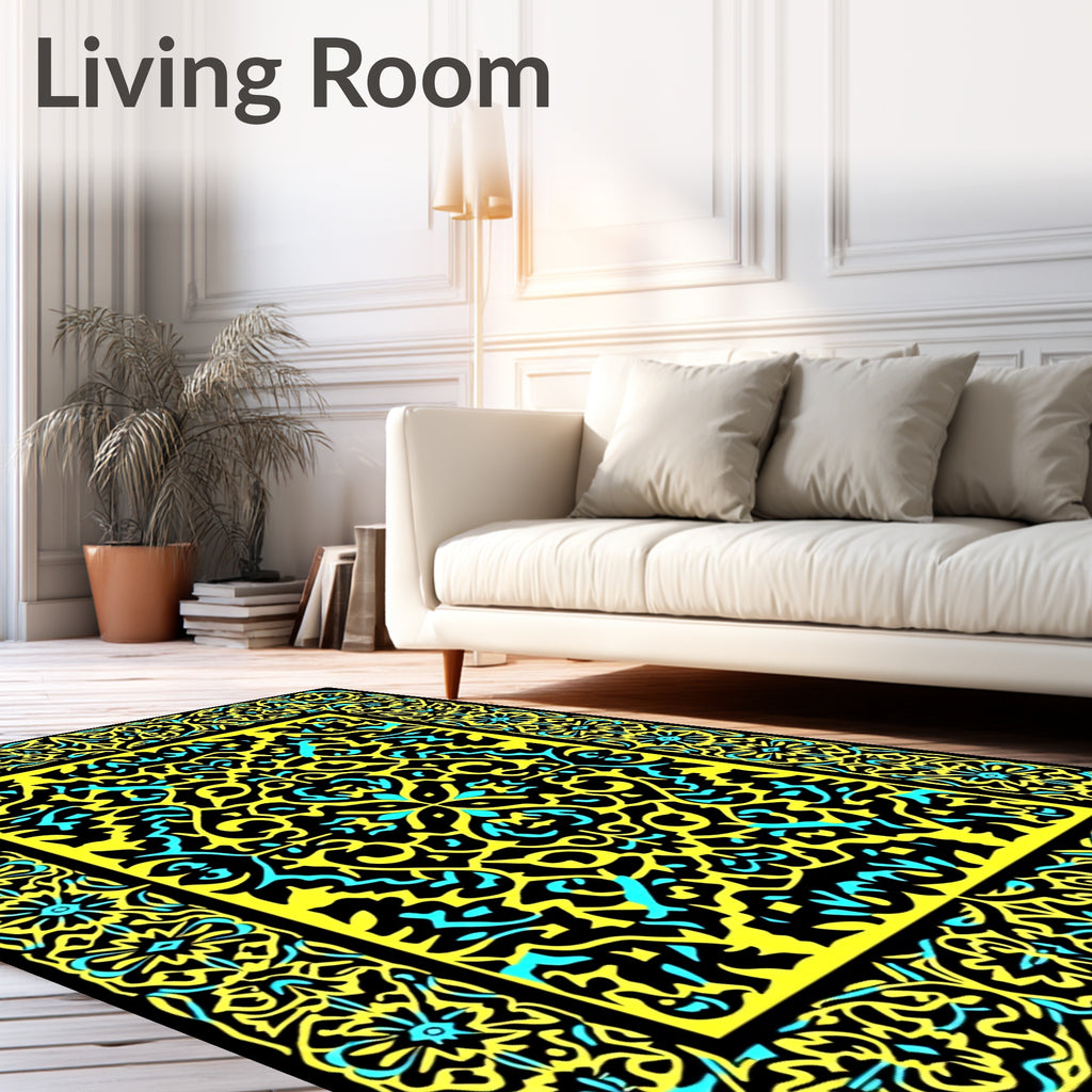 Bold Black Yellow Turquoise Floral Rug