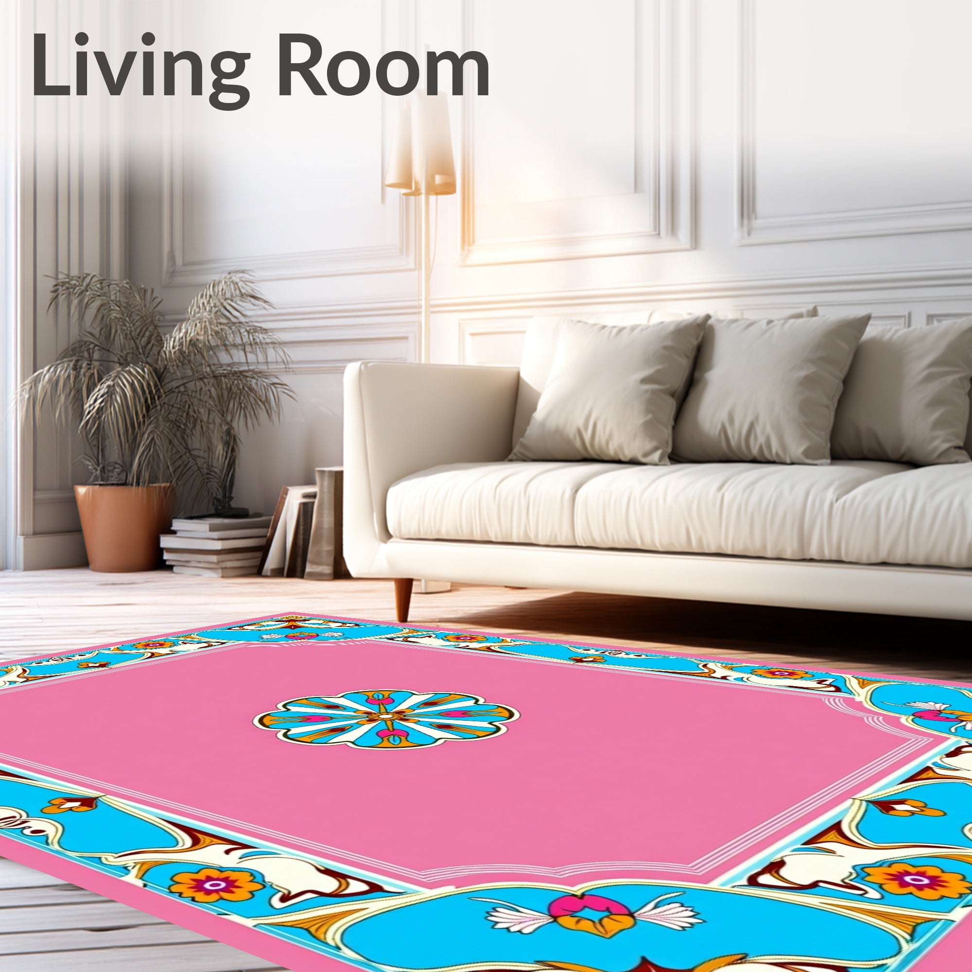 Vibrant Floral Scrollwork Border Design Rug
