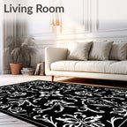 Black White Floral Damask Pattern Rug