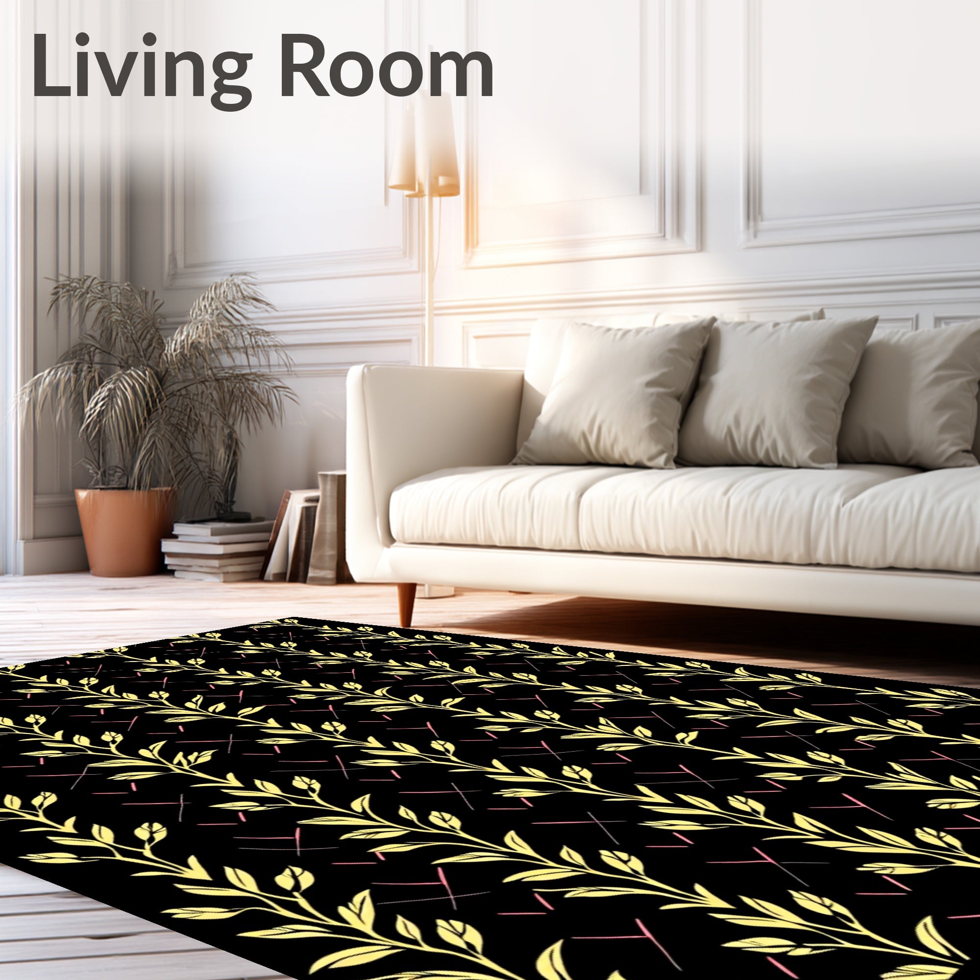 Yellow Botanical Vine Lattice Pattern Rug