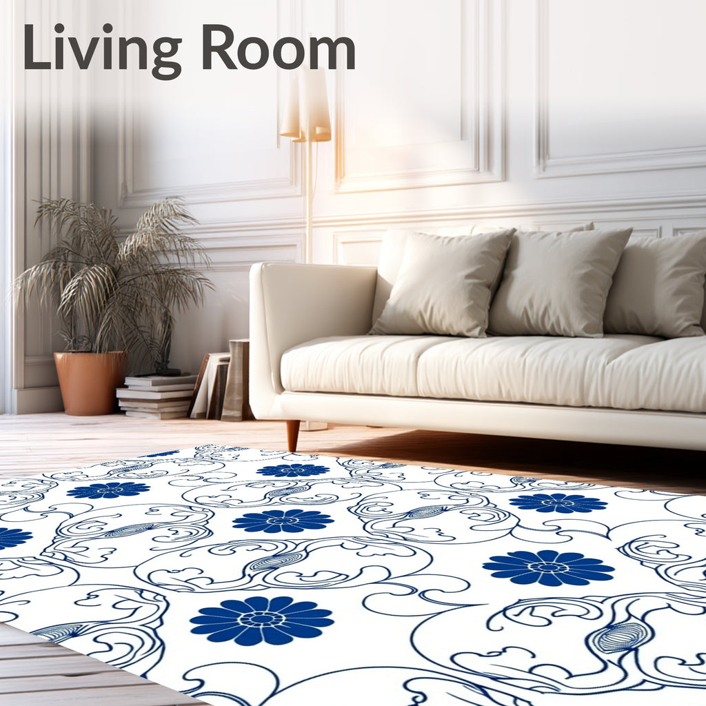 Blue Floral Intricate Scroll Pattern Rug