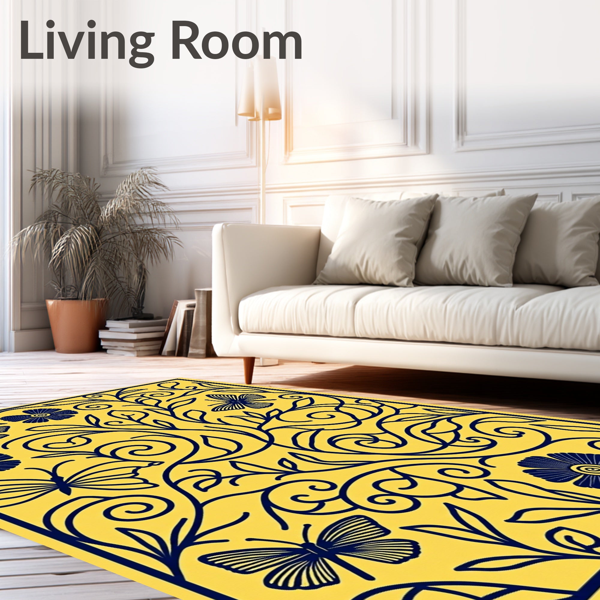 Blue Floral Butterflies On Yellow Background Rug
