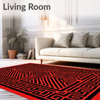 Bold Red Black Geometric Maze Design Rug
