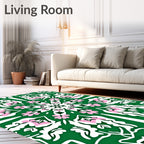 Green White Pink Floral Mandala Design Rug