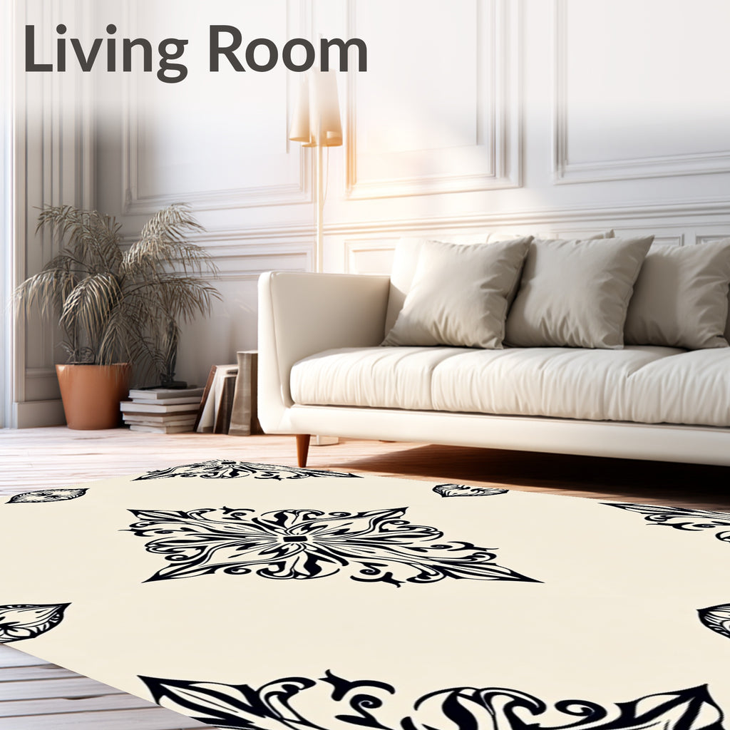 Elegant Black Ivory Damask Pattern Rug