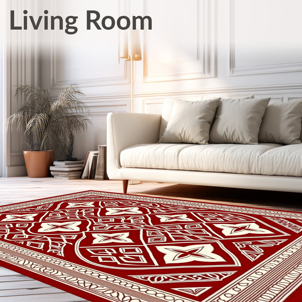 Rich Red Cream Detailed Geometric Rug