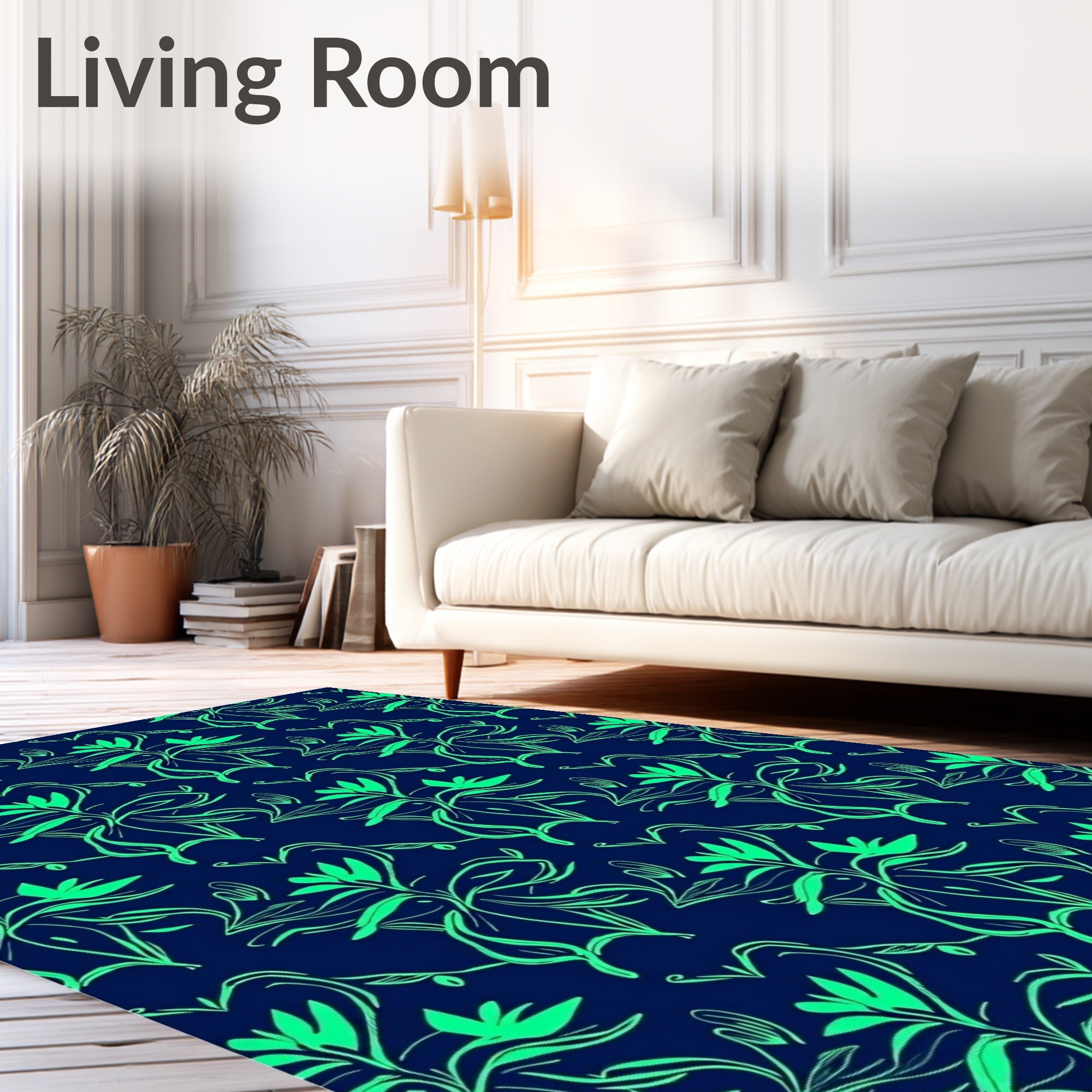 Navy Bright Green Organic Floral Pattern Rug