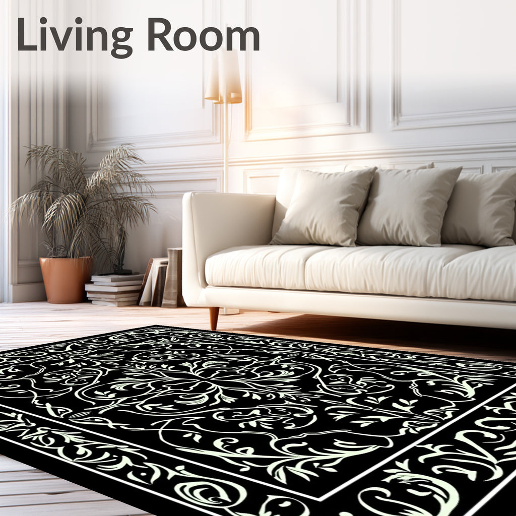 Black White Detailed Floral Pattern Rug