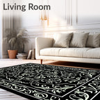Black White Detailed Floral Pattern Rug