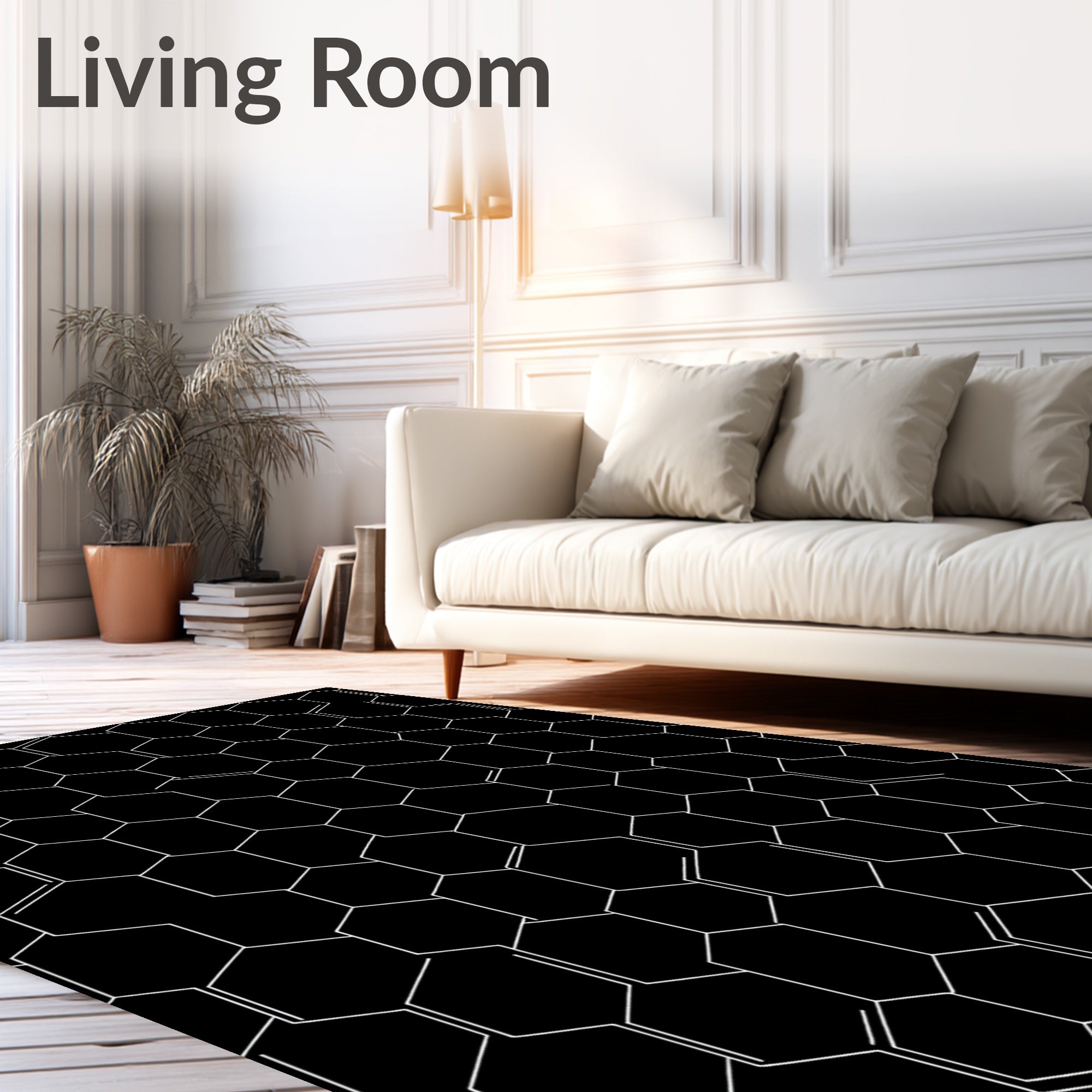 Modern Black White Hexagon Pattern Rug