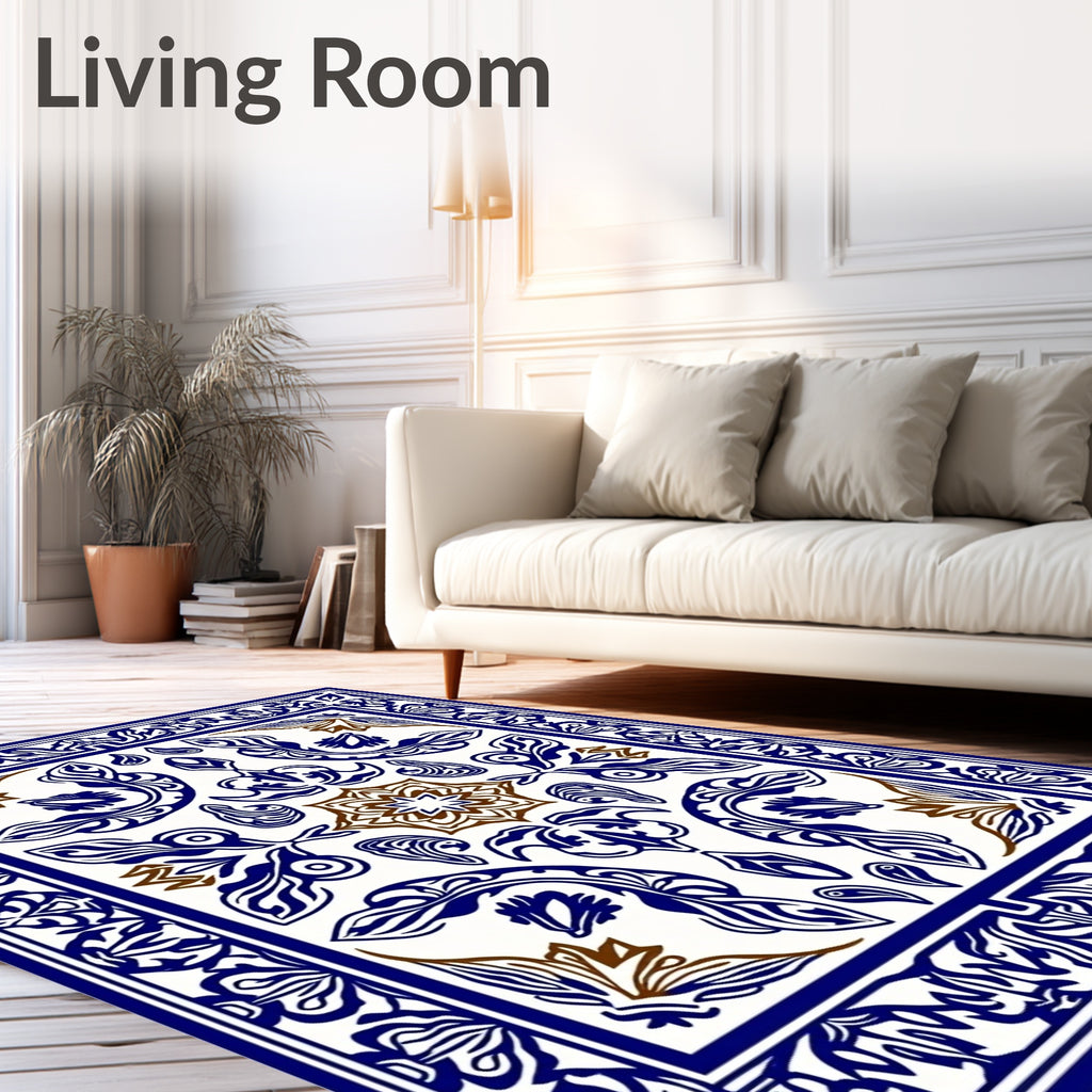 Intricate Blue Brown Floral Medallion Design Rug