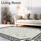 Elegant Black White Floral Scroll Pattern Rug