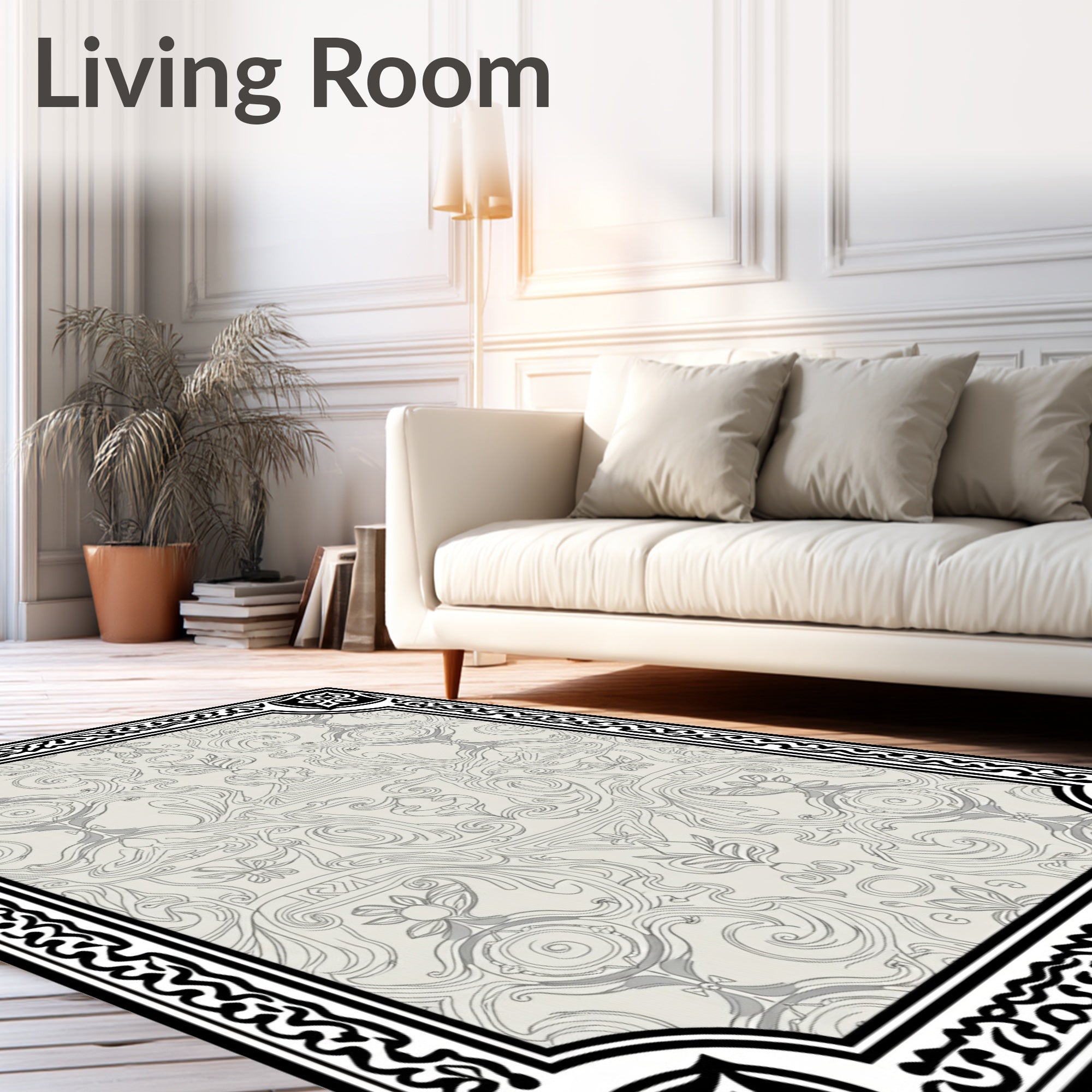 Elegant Black White Floral Scroll Pattern Rug