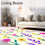 Whimsical Floral Pattern With Yellow Pink Flowers Rug