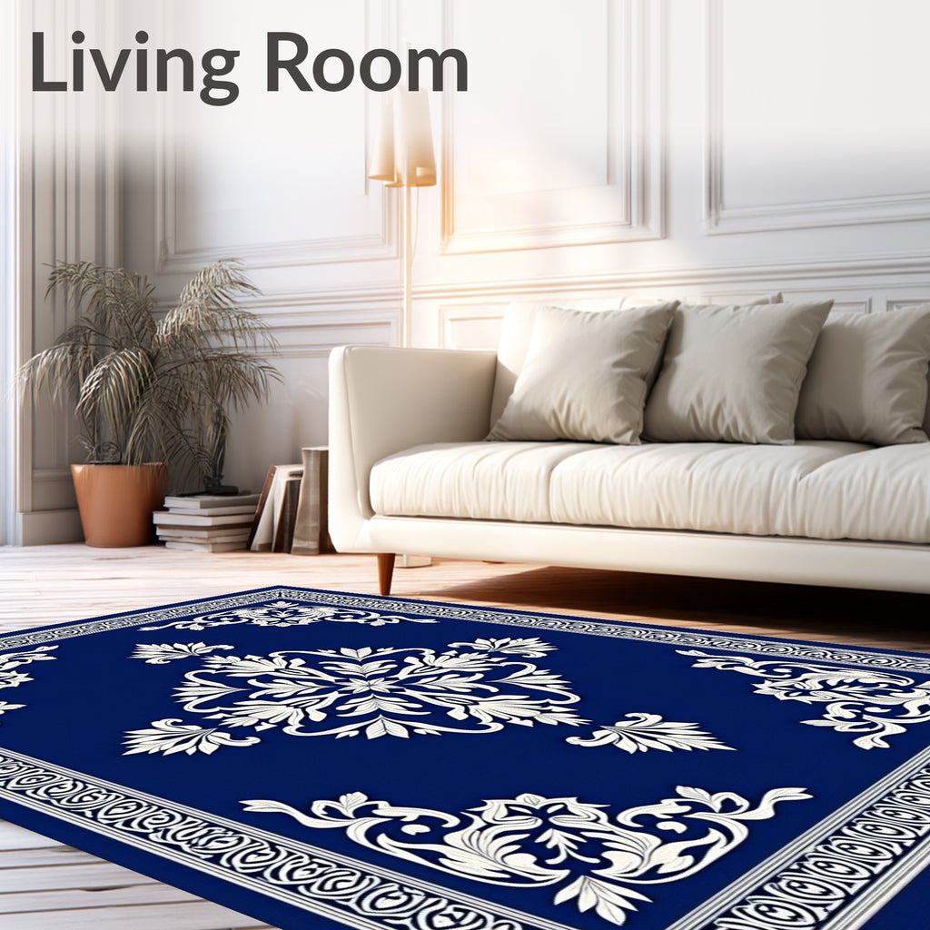 Ornate White Floral Royal Blue Rug