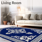 Ornate White Floral Royal Blue Rug