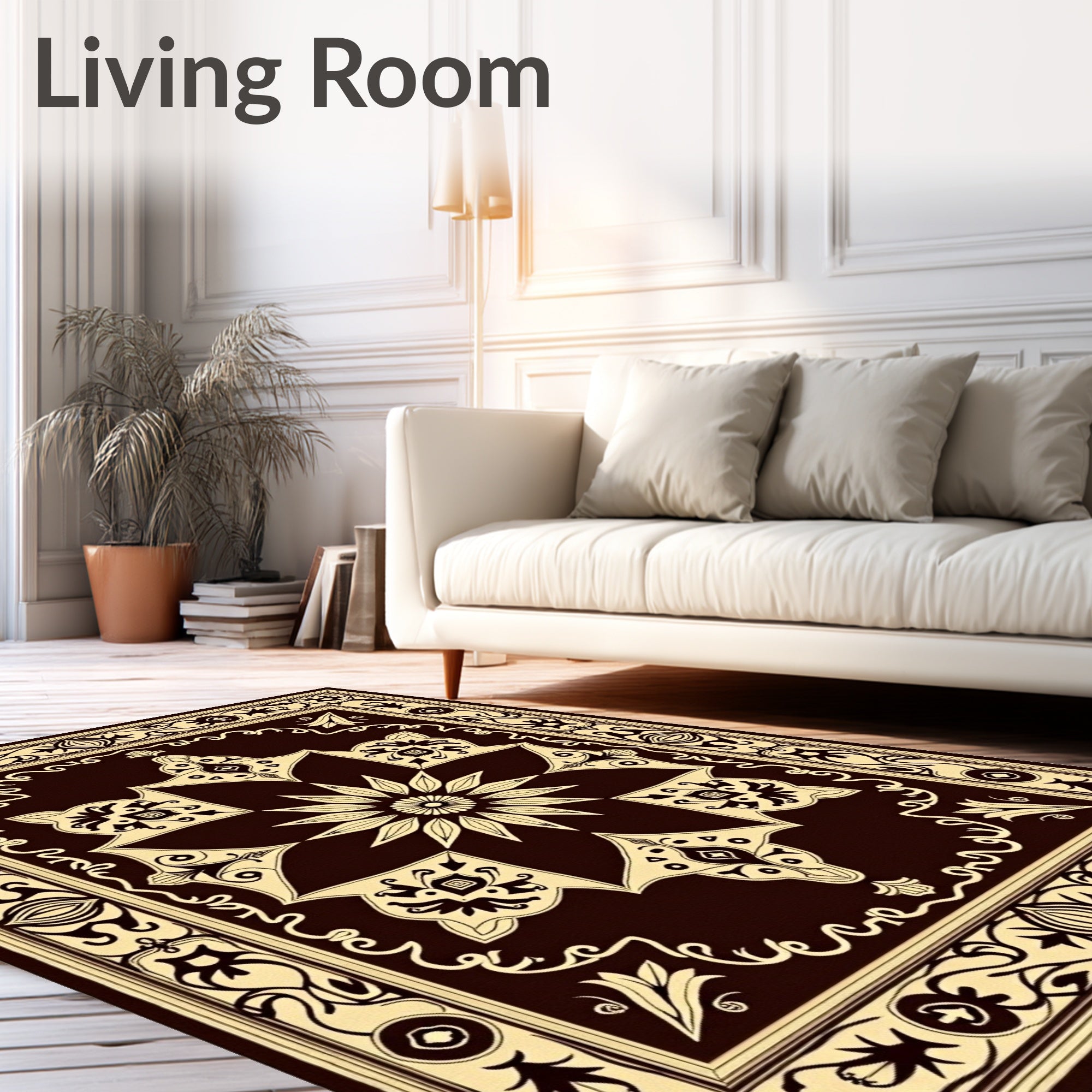 Dark Brown Floral Medallion Border Design Rug