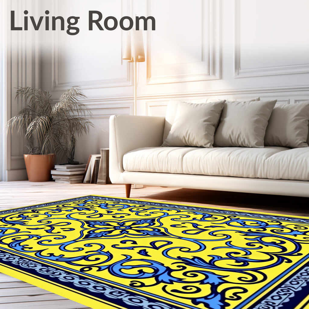 Bright Yellow Blue Floral Medallion Rug