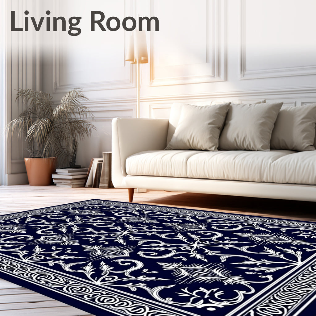 Classic Dark Navy White Floral Pattern Rug