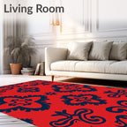 Bold Red Navy Damask Pattern Rug