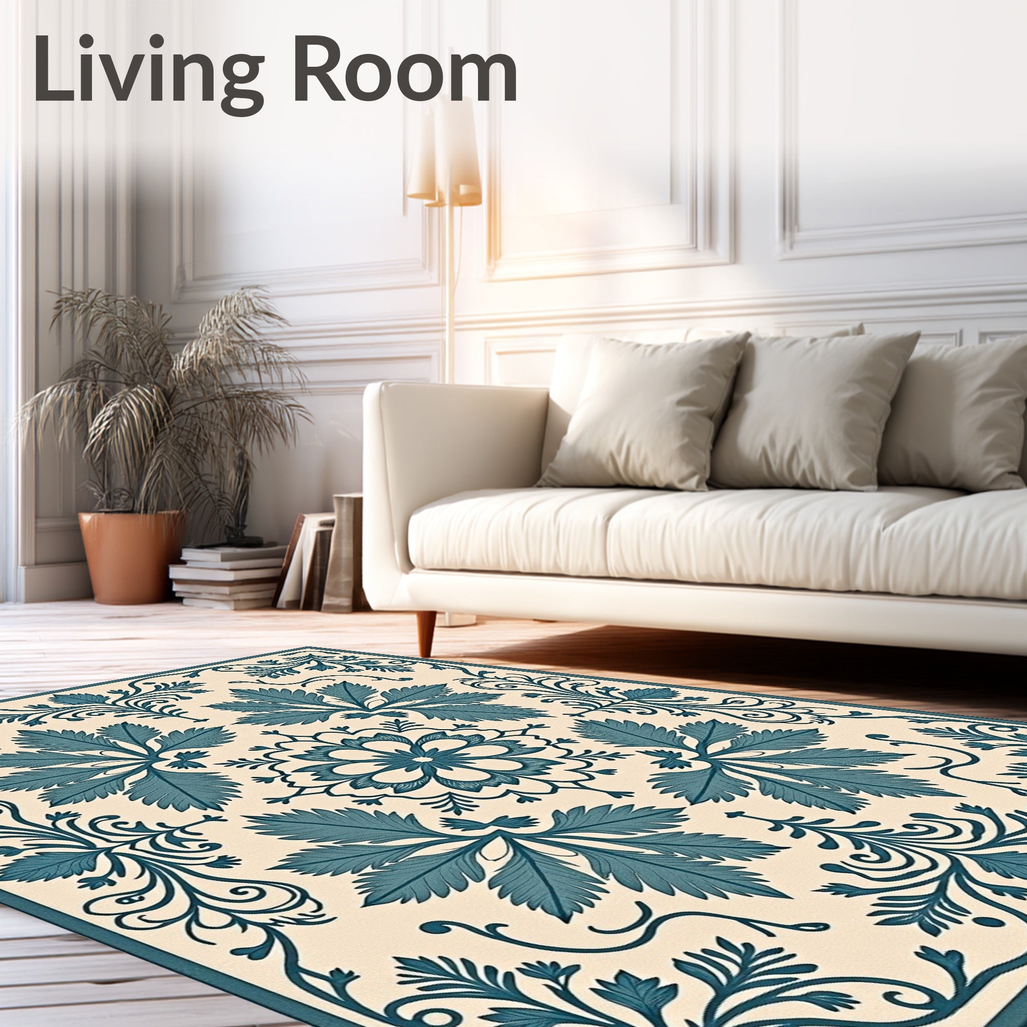 Teal Floral Motif Classic Design Rug