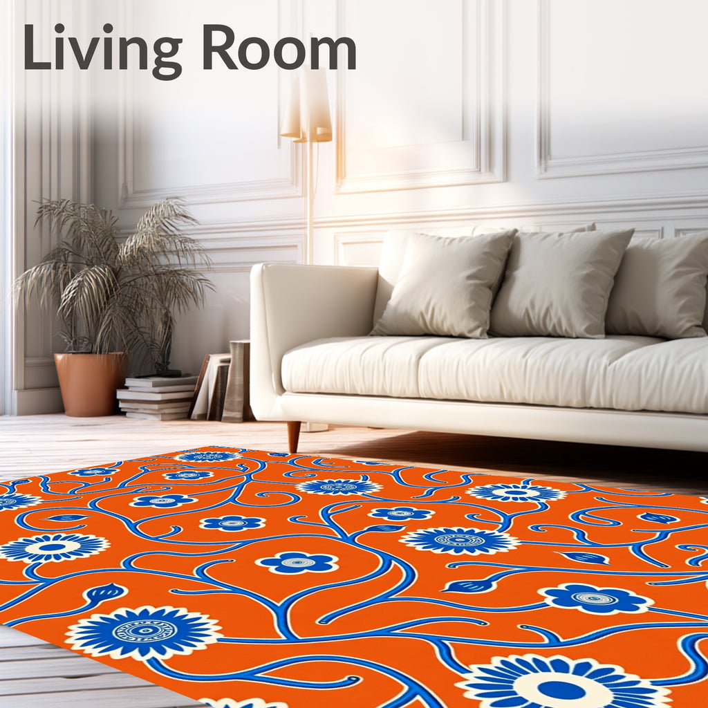 Bold Blue Floral Vine Pattern Rug