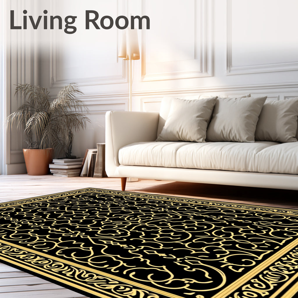 Black And Yellow Intricate Floral Design Rug