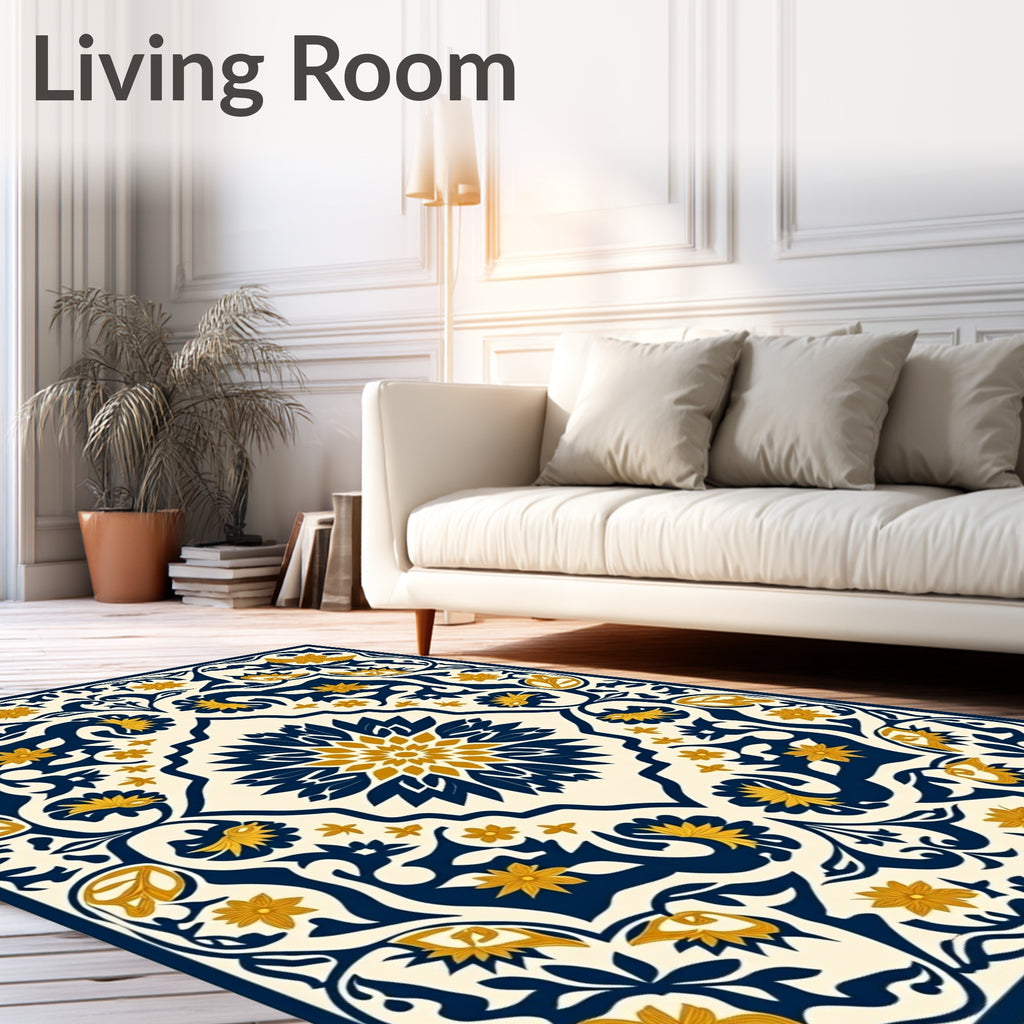 Intricate Floral Scrollwork Dark Blue Gold Rug
