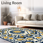 Intricate Floral Scrollwork Dark Blue Gold Rug