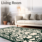 Ornate Dark Green Floral Scrollwork Design Rug