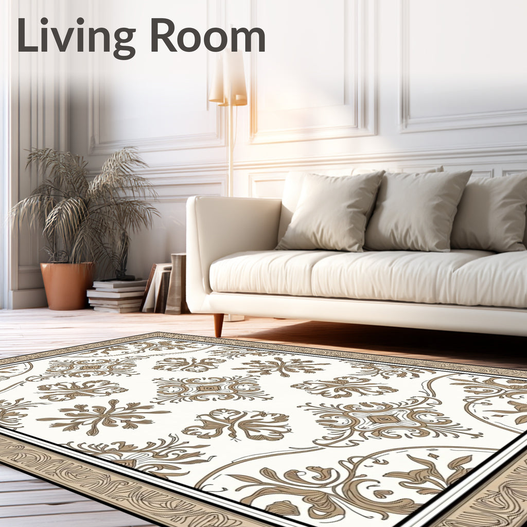 Elegant Neutral Floral Scroll Pattern Rug