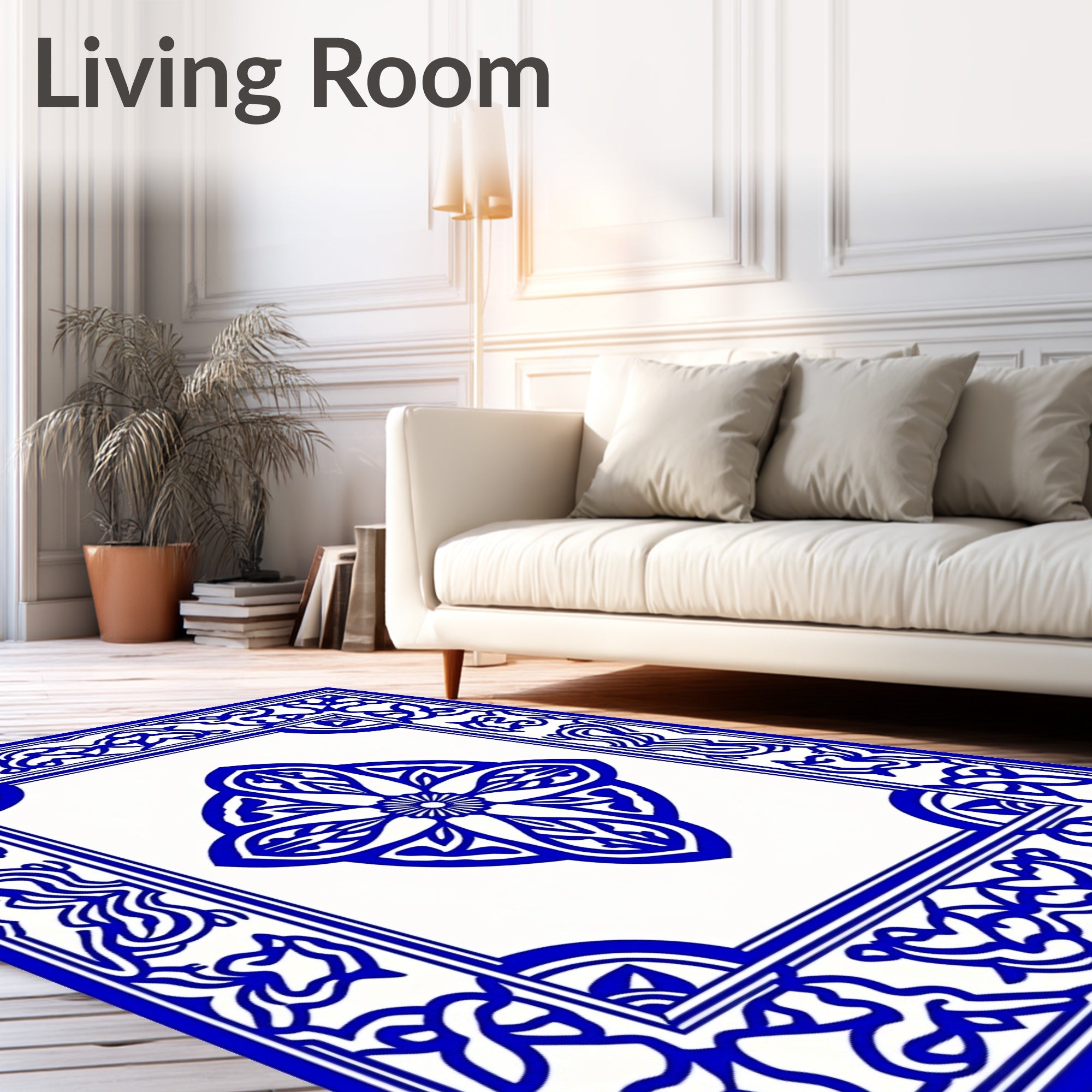 Classic Blue White Floral Tile Rug