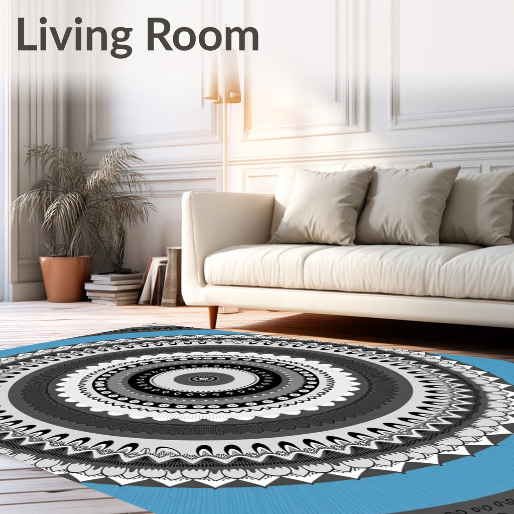 Circular Blue Ornamental Mandala Rug