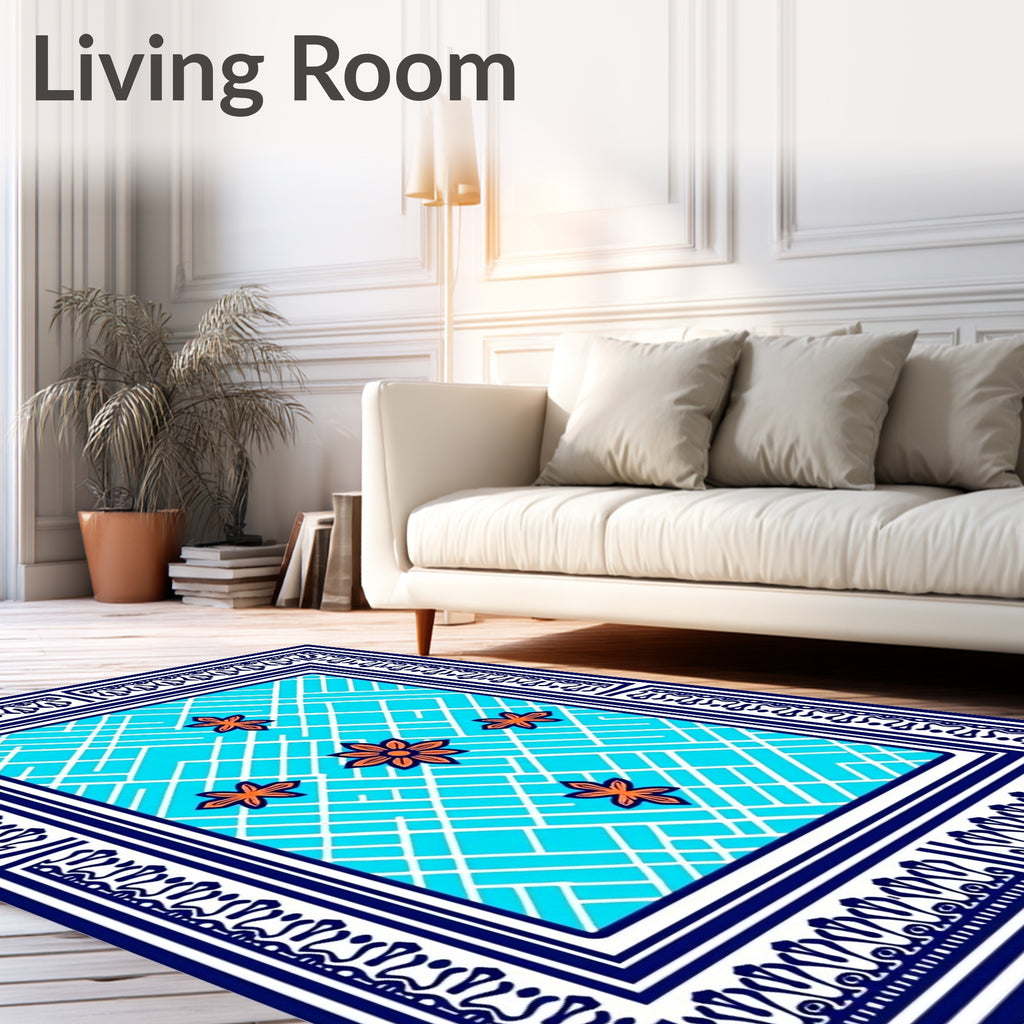 Geometric Floral Blue White Rug