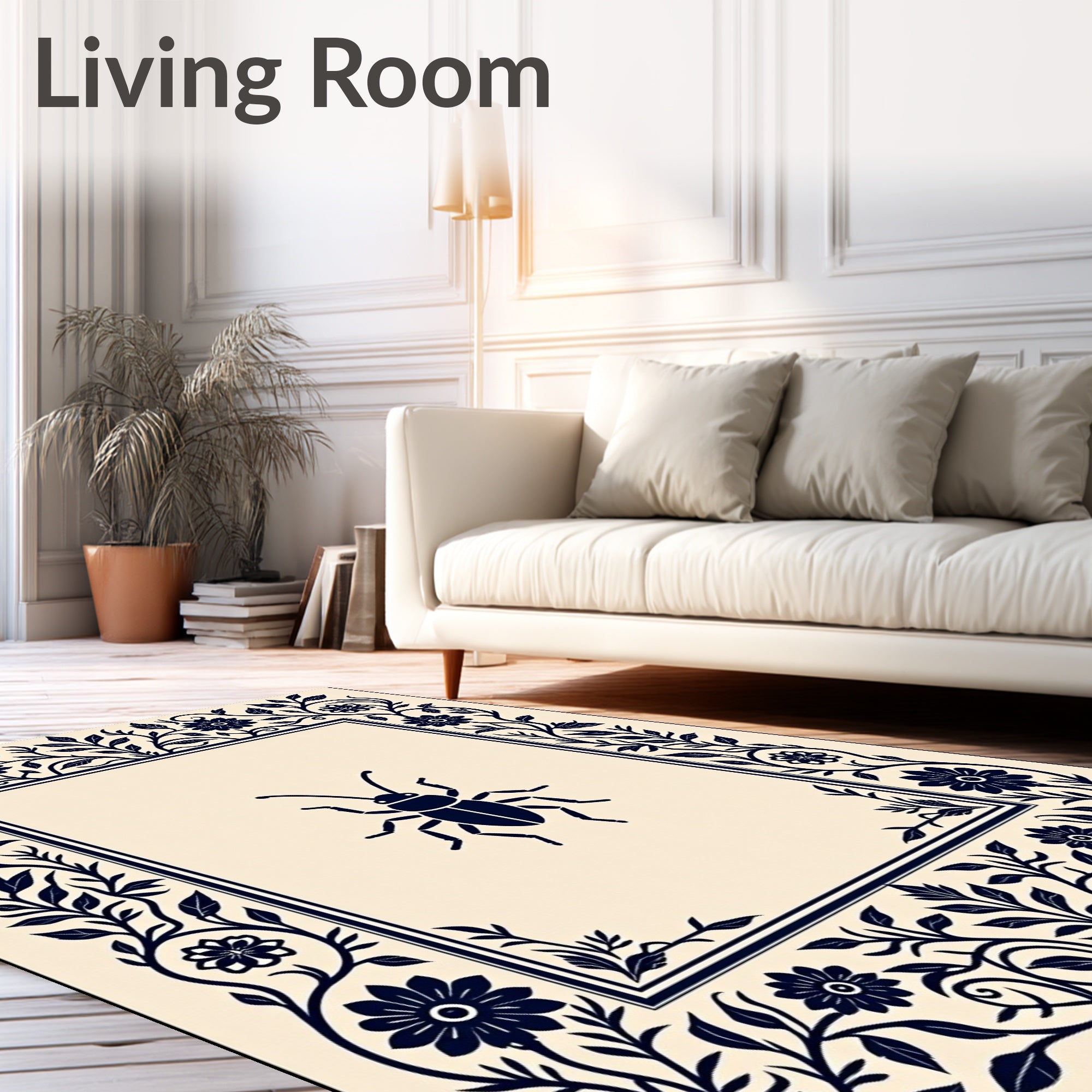 Dark Floral Insect Border Design Rug