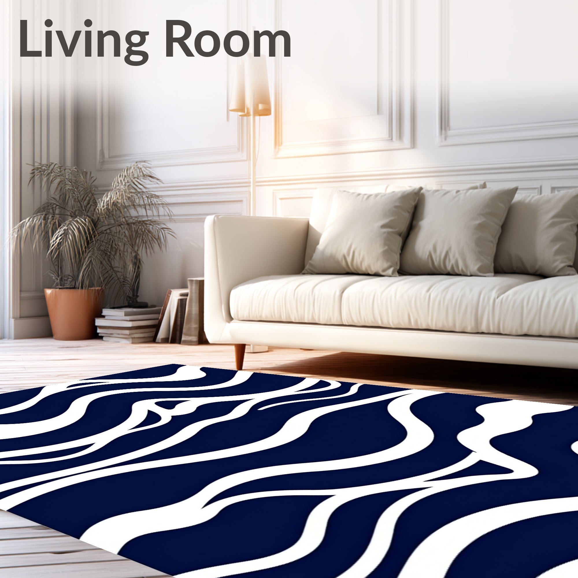 Navy White Wavy Abstract Pattern Rug