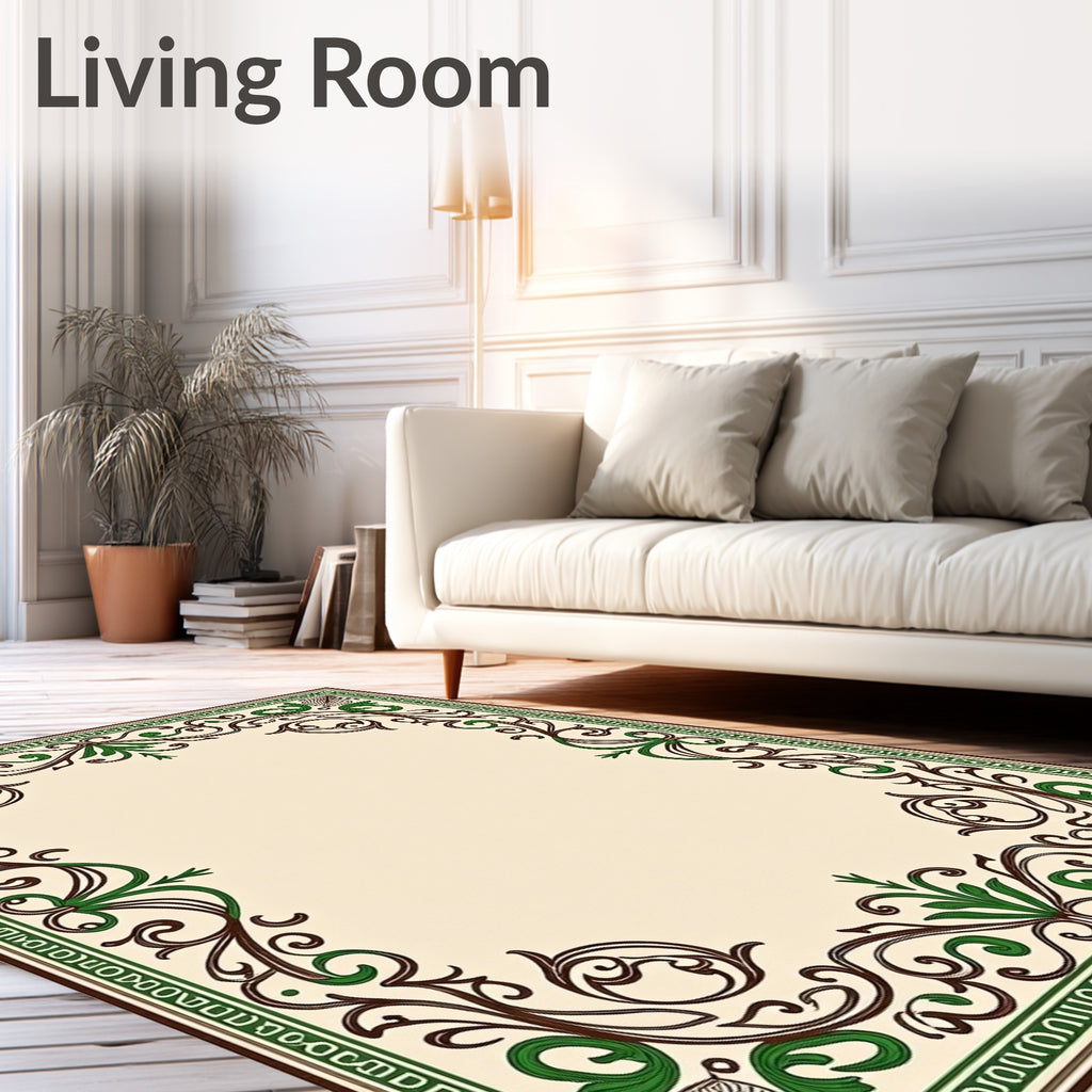 Elegant Floral Scrollwork Brown and Green Design Rug