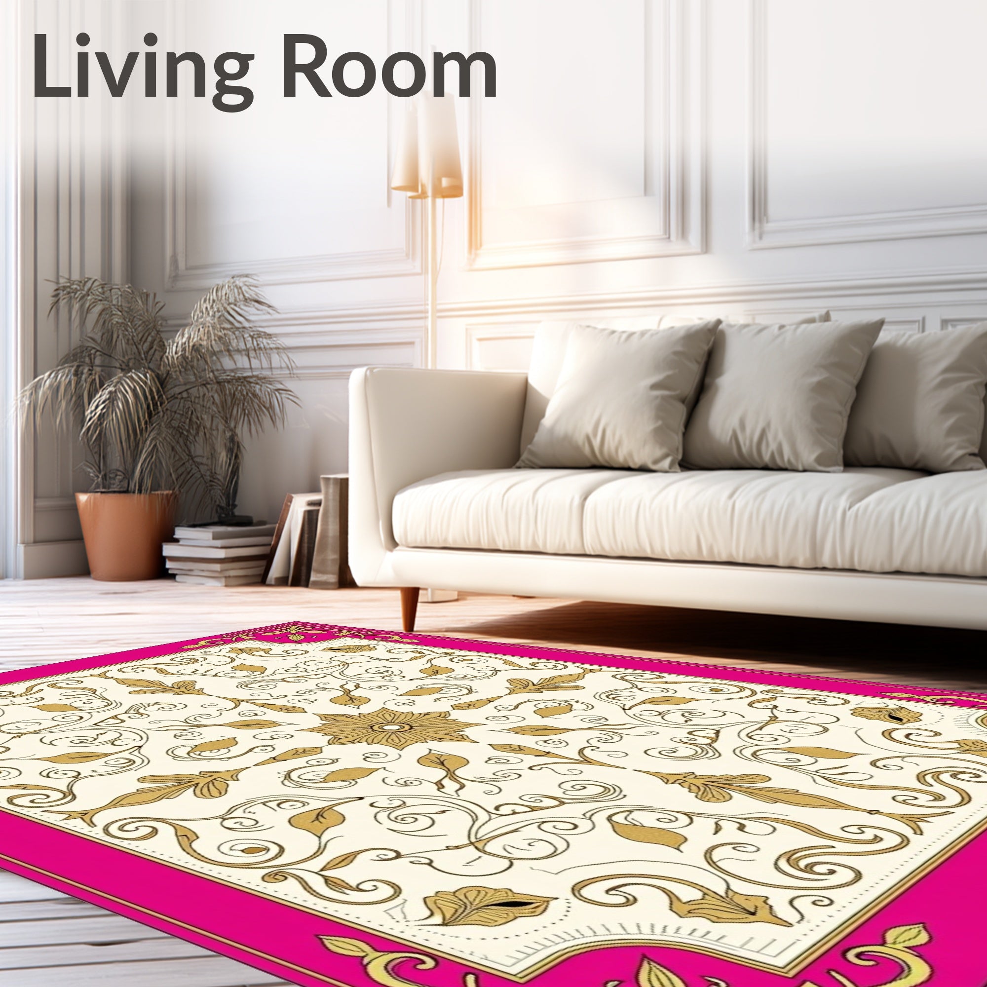 Ornate Floral Swirls Pink Gold Rug